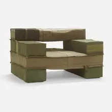 Piet Hein Eek, Chunky Upholstered Beam armchair, 2012, reclaimed army fabric upholstery