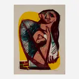 Josef Zenk, Mother & Child, woodcut in colors