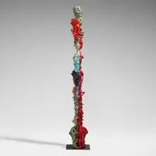 Self-Portrait as a Pre-Columbian by Michael Lucero, 1989, hand-painted and glazed earthenware, steel, sold Jun 2025