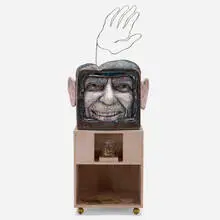 Robert Carston Arneson, Ronny, 1987, glazed earthenware, aluminum, brass, birch veneer, found objects