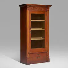 Roycroft, Important bookcase, model 084 variant from the Collection of Elbert Hubbard, c. 1905, oak, glass, brass, iron