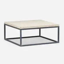 Patio coffee table by Modern, c. 1975, enameled brass, travertine, sold Aug 2023