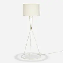 Floor lamp by Modern, c. 1955, enameled steel, brass, brass-plated steel, linen shade, sold Aug 2023