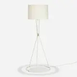 Modern, Floor lamp, c. 1955, enameled steel, brass, brass-plated steel, linen shade