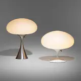 Laurel Lamp Co., Mushroom table lamps, set of two, c. 1965, aluminum, enameled aluminum, frosted glass