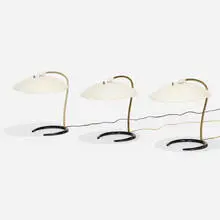 Gerald Thurston, Table lamps, set of three, c. 1955, enameled aluminum, brass, aluminum
