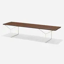Slat bench by Harry Bertoia, redwood, enameled steel, sold Aug 2023