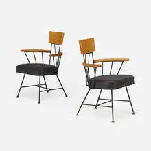 Richard McCarthy, Chairs, pair, c. 1950, enameled iron, leather, ash, steel, rubber