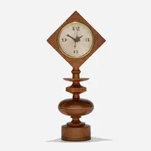 George Nelson, Chess Piece table clock, model 2252, 1957, walnut, aluminum, enameled aluminum, brass, maple