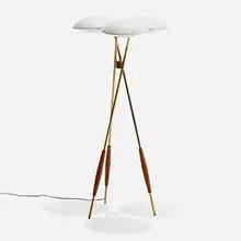 Gerald Thurston, Floor lamp, c.1955, brass, enameled steel, aluminum, walnut, acrylic