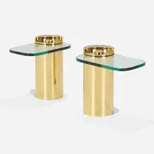 Occasional tables, pair by Karl Springer, c. 1970, brass, glass, sold Aug 2023