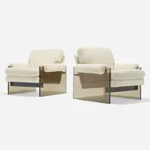 Milo Baughman, Lounge chairs, pair, c. 1970, sheepskin, smoked Lucite, black chromed steel