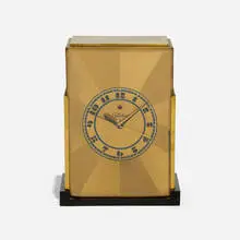 Modernique table clock, model 431 by Paul Theodore Frankl, 1928, brass, Bakelite, glass, sold Aug 2023