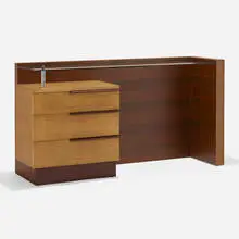 Vanity, model 3626 by Gilbert Rohde, 1936, East Indian laurel, bird's-eye maple, glass, nickel-plated brass, sold Aug 2023