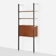 CSS (Comprehensive Storage System) by George Nelson & Associates, 1959, enameled and brushed aluminum, walnut, sold Aug 2023