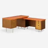 Executive Office desk and return by George Nelson & Associates, 1949, walnut, rosewood, maple, aluminum, Formica, leather, sold Aug 2023
