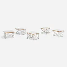 LTRs, group of five by Charles and Ray Eames, laminate, wood, zinc, powder coated metal, sold Aug 2023