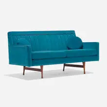 Symmetric Group settee by Paul McCobb, 1962, velvet upholstery, walnut, sold Aug 2023