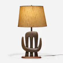 Lee Rosen, Table lamp, c.1951, glazed stoneware, maple, brass, stitched fiberglass