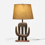 Lee Rosen, Table lamp, c.1951, glazed stoneware, maple, brass, stitched fiberglass