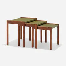 Jens Risom, Nesting tables, set of three, c. 1965, walnut, leather