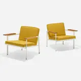 Lounge chairs model 5080, pair by George Nelson & Associates, 1950, enameled steel, upholstery, walnut, sold Aug 2023