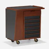 Edward Wormley, Folding bar cart, model 5433, c. 1949, walnut, lacquered wood, laminate, brass, casters, leather