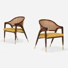 Armchairs model 5480, pair by Edward Wormley, c. 1954, rosewood, caning, brass, upholstery, sold Aug 2023