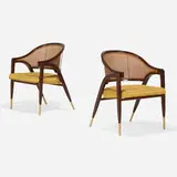 Edward Wormley, Armchairs model 5480, pair, c. 1954, rosewood, caning, brass, upholstery