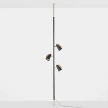 attribution Gerald Thurston, Tension lamp, c. 1960, enameled steel, brass, maple