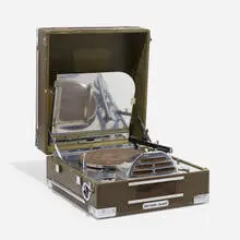 John Vassos, Portable phonograph, c. 1935, vinyl over wood, aluminum, chrome-plated steel, lacquered wood