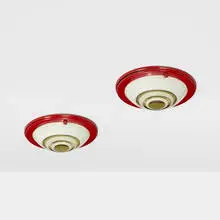 Henry Dreyfuss, Ceiling fixture from the 20th Century Limited Passenger Train, pair, 1938, blown glass, enameled aluminum