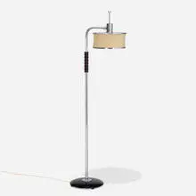 attribution Gilbert Rohde, Flip top floor lamp, c. 1935, chrome-plated brass, enameled brass, lacquered wood, linen