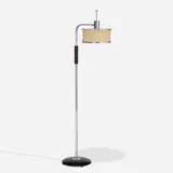 attribution Gilbert Rohde, Flip top floor lamp, c. 1935, chrome-plated brass, enameled brass, lacquered wood, linen