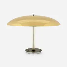 Kurt Versen, Table lamp, c. 1955, nickel-plated steel, glass, aluminum, enameled brass
