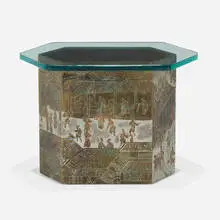 Philip and Kelvin Laverne, Chan side table, c. 1965, acid-etched and enameled brass over wood, glass