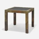 Occasional table by Paul Evans, c. 1975, patinated pewter, copper, and bronze, slate, sold Aug 2023