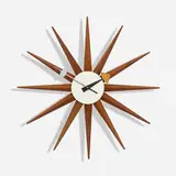 Spike clock by George Nelson & Associates, 1952-53, walnut, enameled aluminum, sold Aug 2023