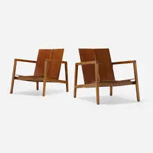 Lewis Butler, Lounge chairs model 655, pair, 1955, walnut plywood, cherry