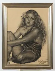 Kerstral, Seated Tahitian Woman, Charcoal on paper