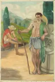 Noel J. Cortes, Untitled, TWO MEN BY WATER FOUNTAIN, oil on canvas in "as is" condition - Unstretched, 28 in. x 24 in