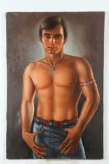 R. Quesada, Portrait of Man with Bare Torso, Oil on canvas