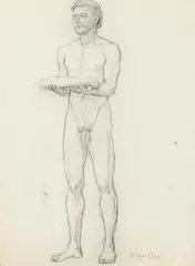 Allyn Cox, Male Nude Study for Mason Holding Cushion with Silver Plate, Charcoal on paper