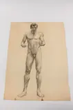 Allyn Cox, Male Nude Study of a Man Clasping Staff, Charcoal on paper.