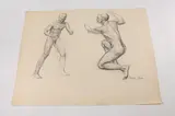 Allyn Cox, Male Nude Studies of Two Men : One Man Pushing ,The Other Man Pulling, Charcoal on paper.