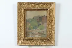 Alexis B. Many, House Near River, Oil on board in "as is" condition