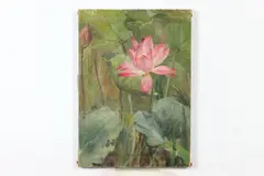 Hattie E. Burdette, Pink Water Lily, Oil on canvas is "as is" condition