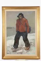 Emile Mortier, Portrait of Man in Clogs, Oil on board