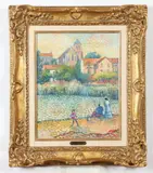 Lucien Neuquelman, Partie de Peche En Famille, Oil on board bearing gallery label verso