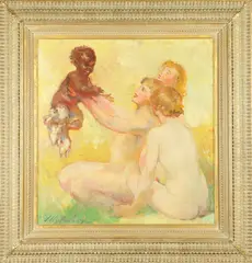 Willy Pogany, Three Female Nudes Holding Up Baby Centaur, Oil on canvas